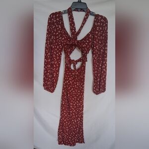 Elegant Burgundy Floral Long Sleeve Dress